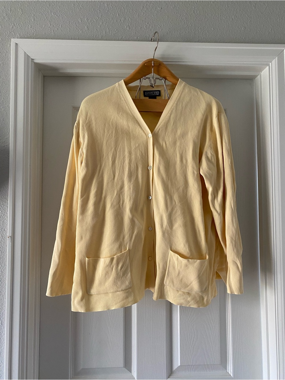 Vintage Lands End Women's Yellow Cardigan Sweater - Size L 100% Cotton